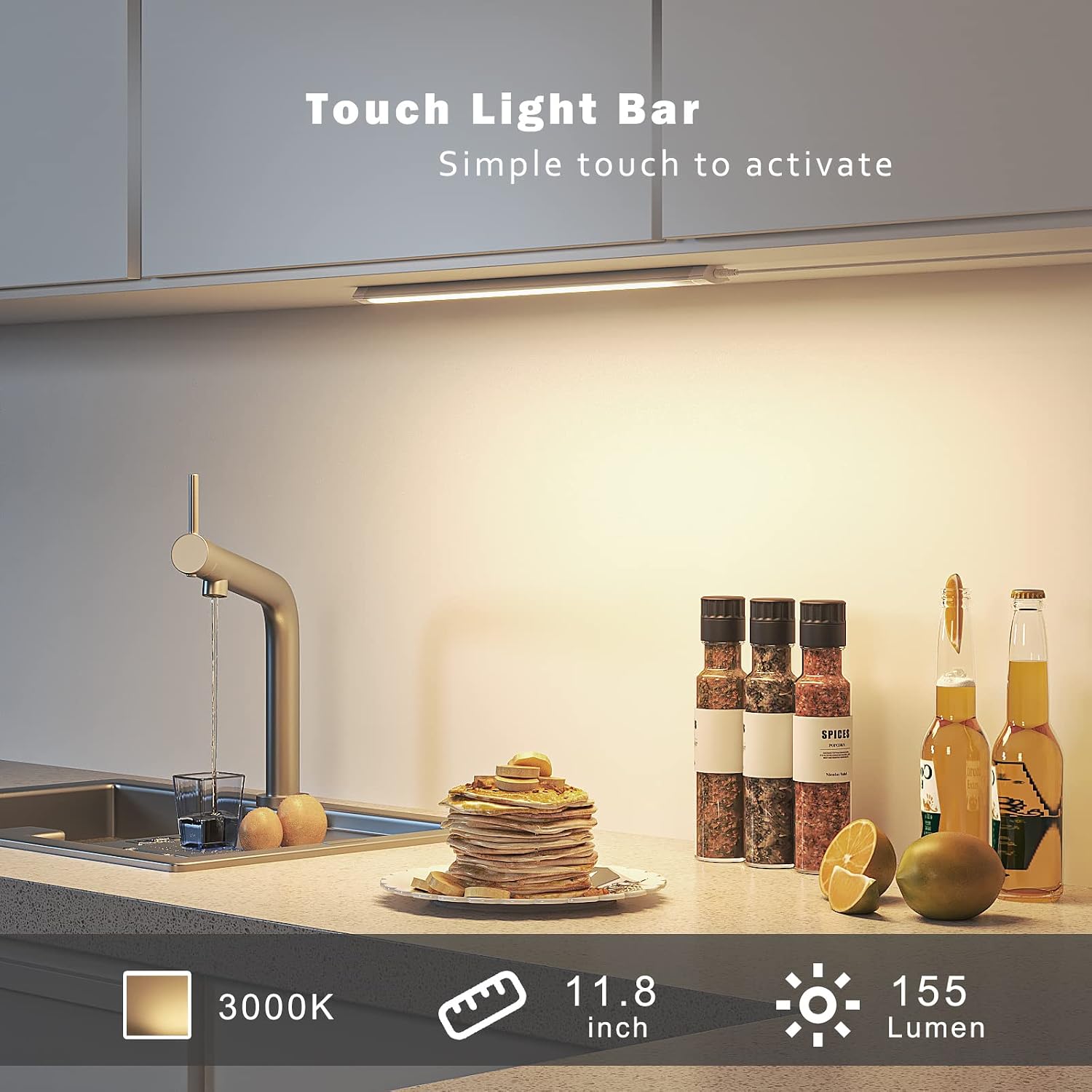MYPLUS Under Cabinet Lights, 12" Under Counter Lights Touch Dimmable,Warm White 3000K,Plug in Aluminum Led Light Bar for Kitchen, Workbench and Desk(Sliver)