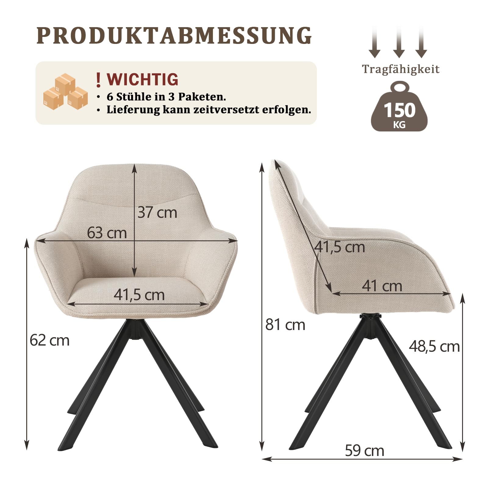Lot de 6 Chaises Pivotante 360°, Chaises Beige Salle à Manger avec Accoudoirs, Chaises Fauteuil Rembourrées en Lin avec Pieds en Métal pour Cuisine Salon