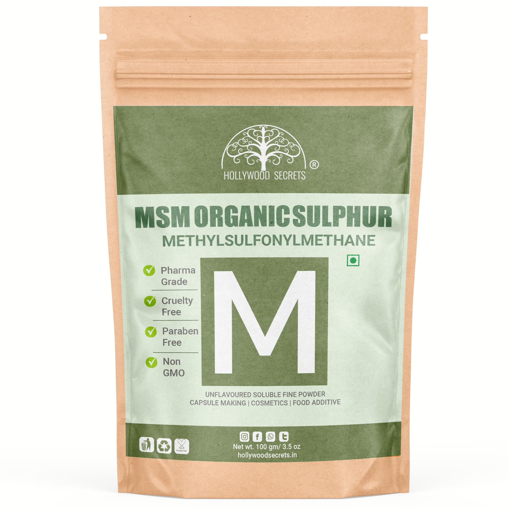 Hollywood Secrets Pure MSM Supplement Organic Sulfur Crystals Powder 100gm | No Fillers