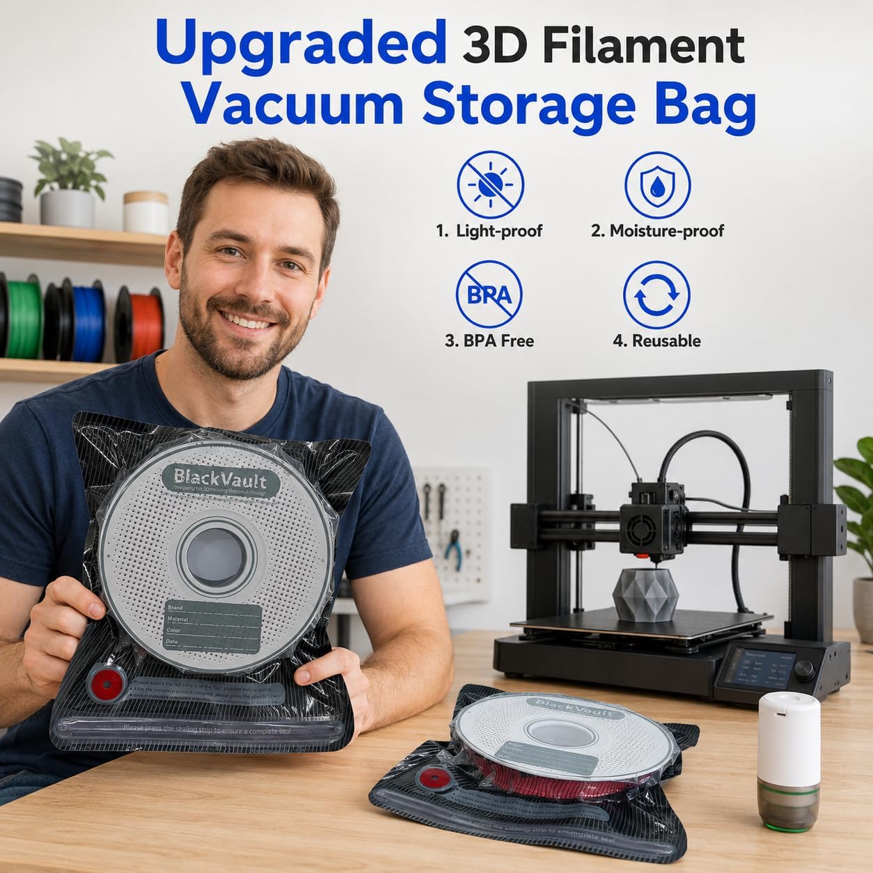 25-Pack 3D Printer Filament Storage Bags Kit with USB Vacuum Pump
