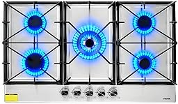 VEVOR 36 inch Gas Cooktop 5 Burners Gas Stove Top, Max 38300BTU Built-in Stainless Steel Stove Top LPG/NG Convertible Dual Fuel Cooktop Stoves with SABAF Dual-Ring Burner for Kitchen Apartment Rvs