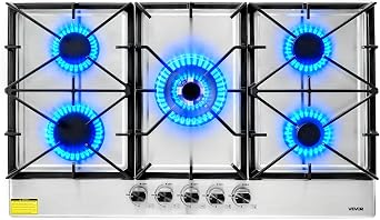VEVOR 36 inch Gas Cooktop 5 Burners Gas Stove Top, Max 38300BTU Built-in Stainless Steel Stove Top LPG/NG Convertible Dual Fuel Cooktop Stoves with SABAF Dual-Ring Burner for Kitchen Apartment Rvs