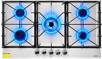 VEVOR 36 Inch Gas Cooktop with 5 Burners, Stainless Steel, Max 38300 BTU, Built-in, LPG/NG Convertible