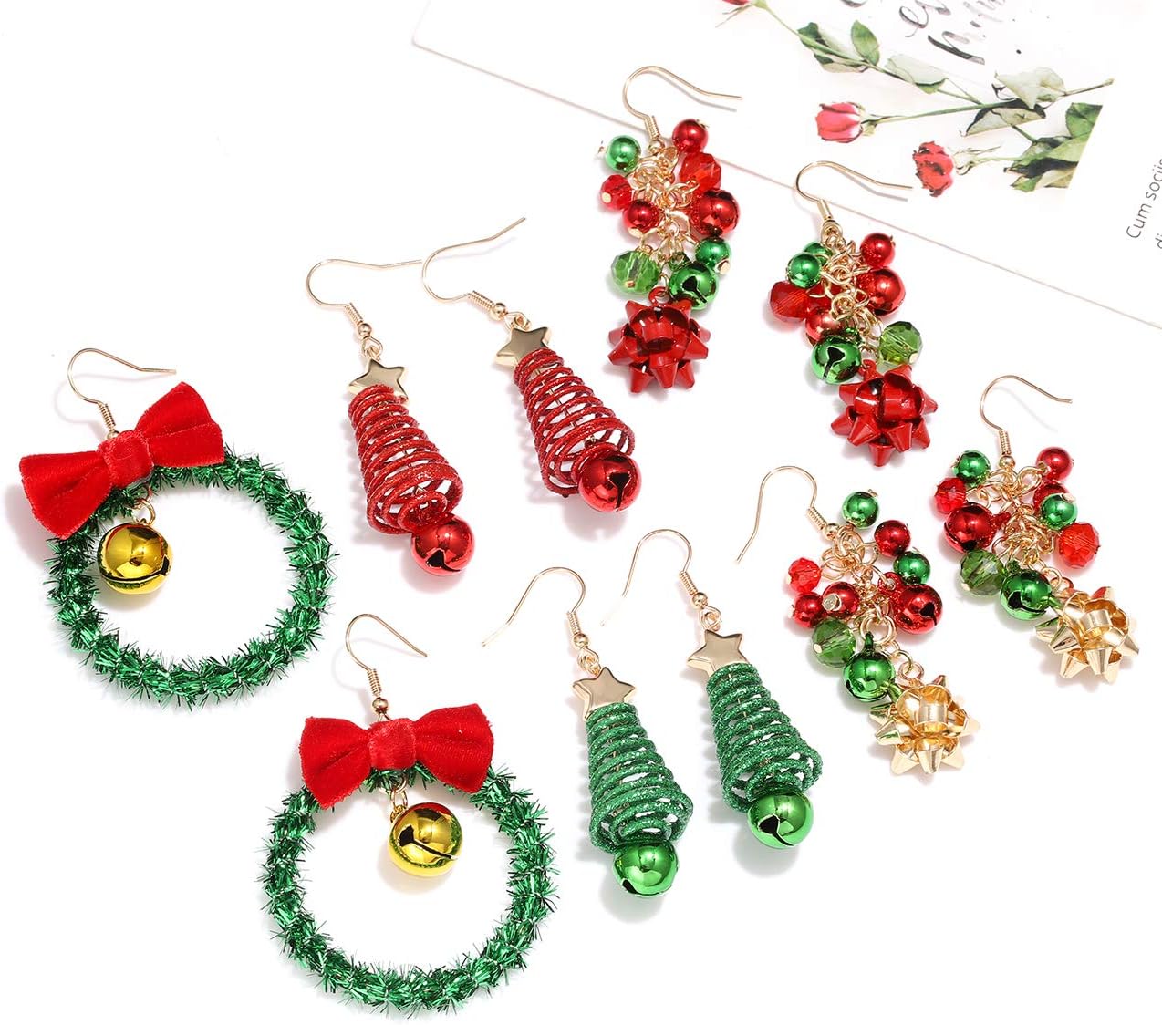 5 Pairs Christmas Bow Earrings for Women Xmas Jingle Bell Earrings Christmas Tree Wreath Earrings Holiday Festive Jewelry Set Party Gifts - Image 6