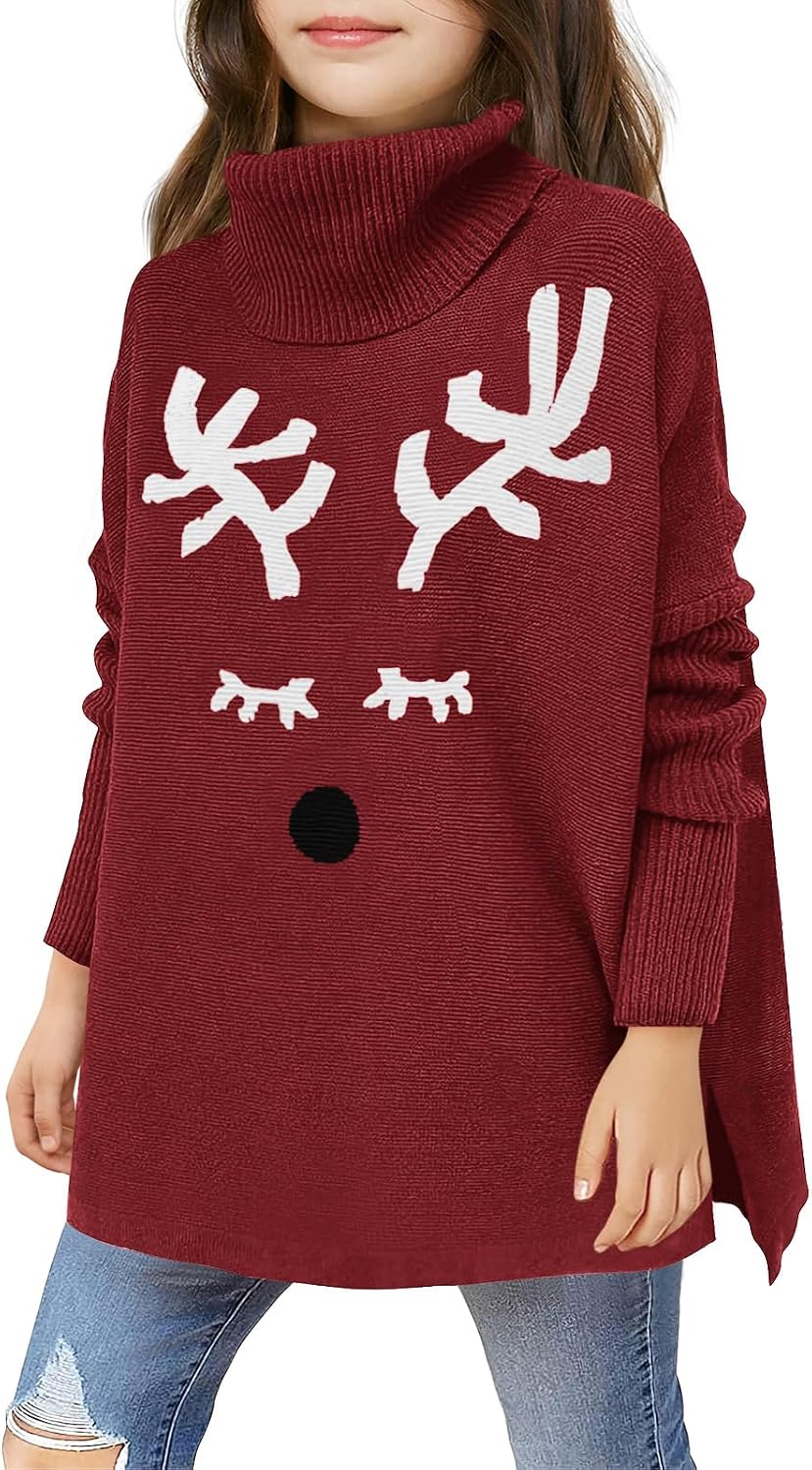 Haloumoning Girls Christmas Sweater Kids Oversized Turtleneck Cute Reindeer Sweaters with Side Slit