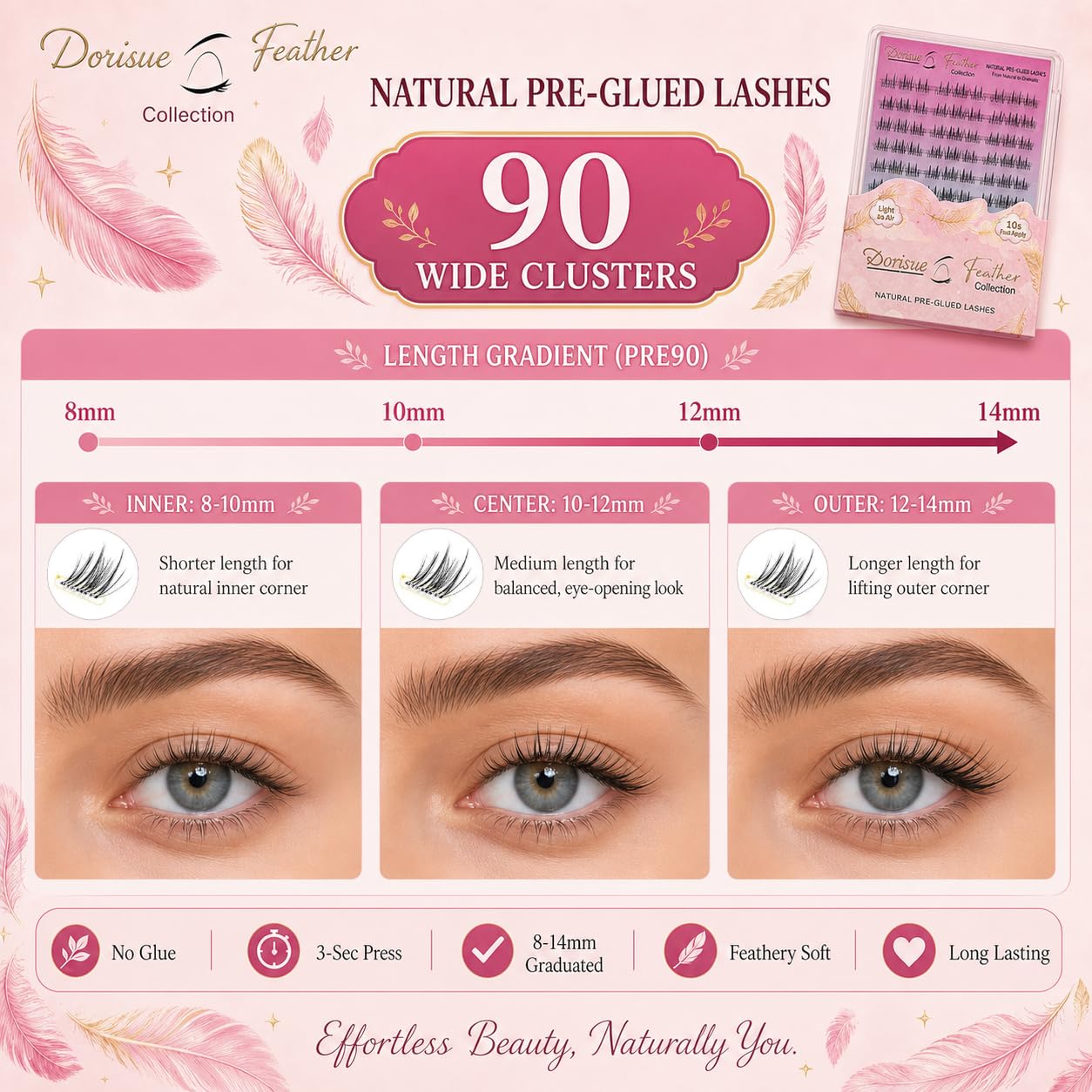 Pre-Glued Lash Clusters – Self Adhesive Double-Point SPIKY Wispy Individual Eyelashes No Glue Needed, Cat Eye Volume Kit with Tweezers & Backup Glue, 90Pcs Reusable (Sunflower)