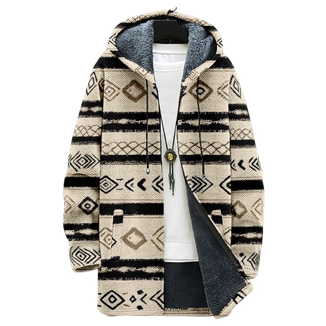 Mens Aztec Print Hoodie Heavyweight Cotton Fleece Jacket Zip Up Warm Long Sleeve Hooded Winter Midi Coat