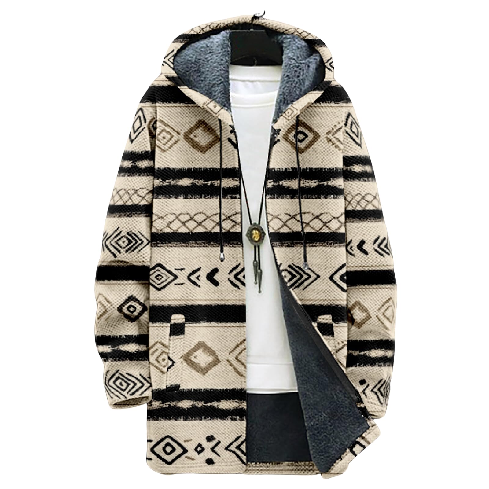 Mens Aztec Print Hoodie Heavyweight Cotton Fleece Jacket Zip Up Warm Long Sleeve Hooded Winter Midi Coat