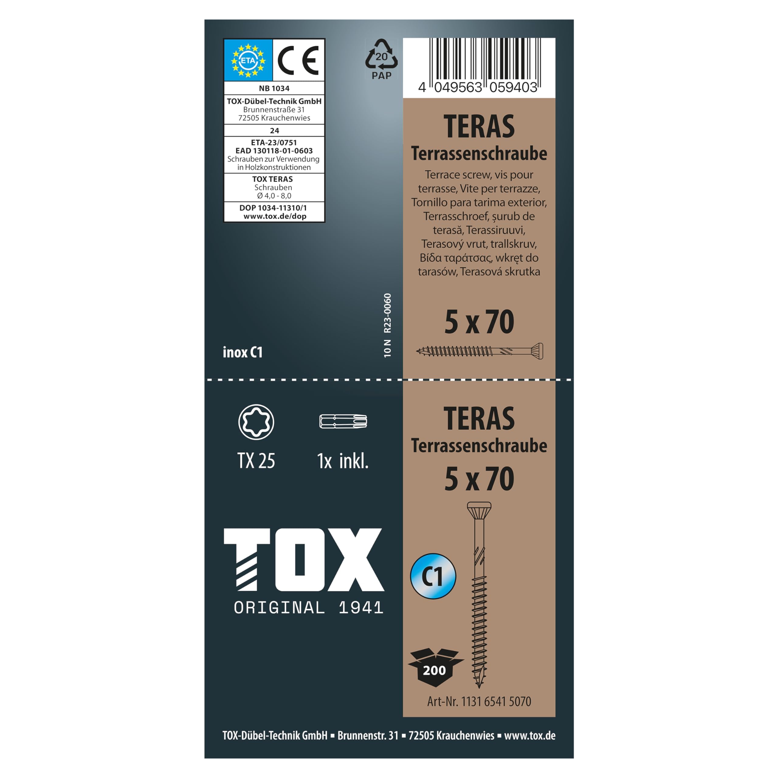 TOX viti per decking TOX TERAS 5,0 x 70 mm, viti con testa decorativa, resistenti agli agenti atmosferici grazie all'acciaio inox C1, TX25, 200 pezzi in scatola, incl. 1x bit, 113165415070