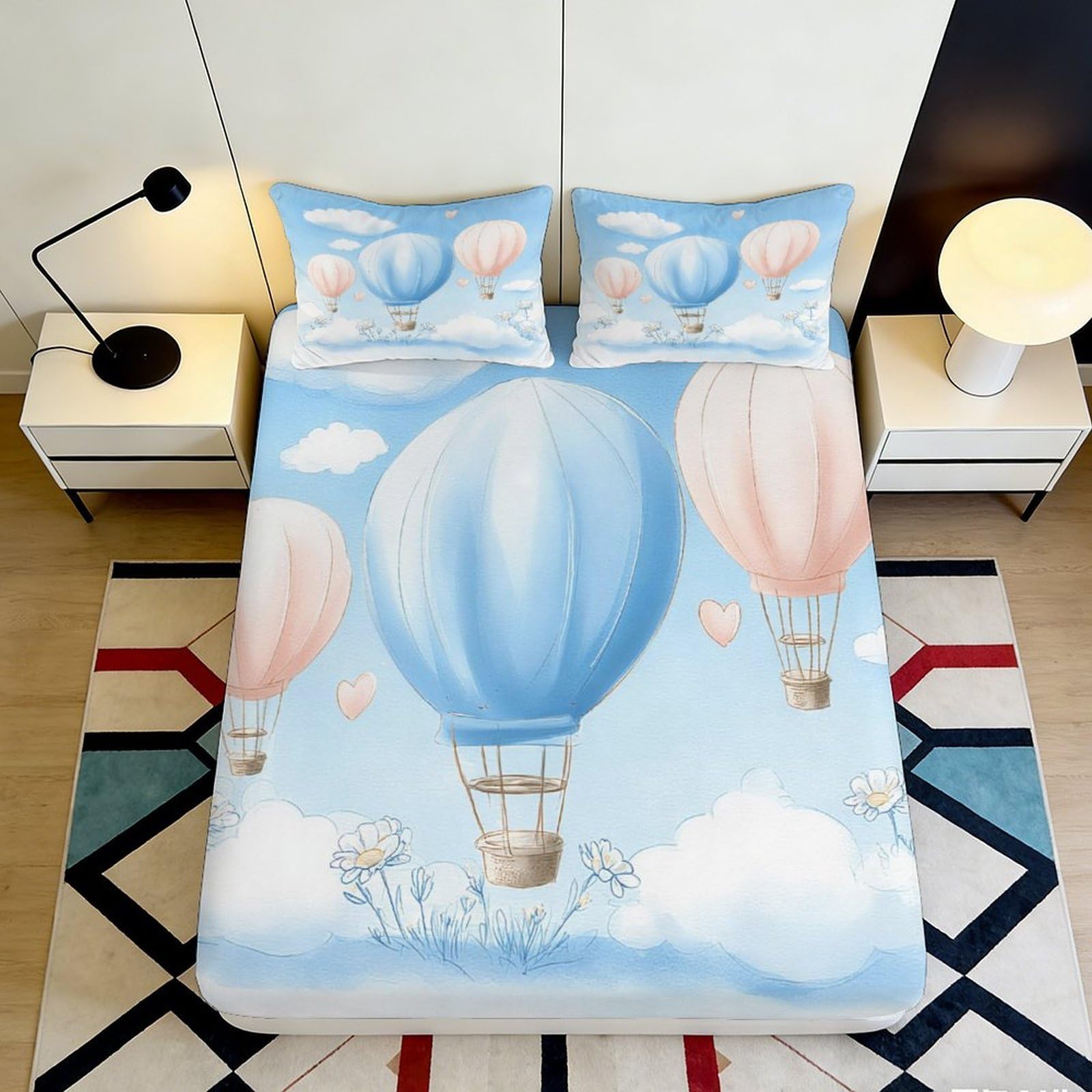 3D Printed Hot Air Balloon Fitted Sheet Microfiber Soft Pastel Sky Bed Cover Anti-Slip Mattress Protector for Bedroom Guest Room Dormitory 120x200x25cm