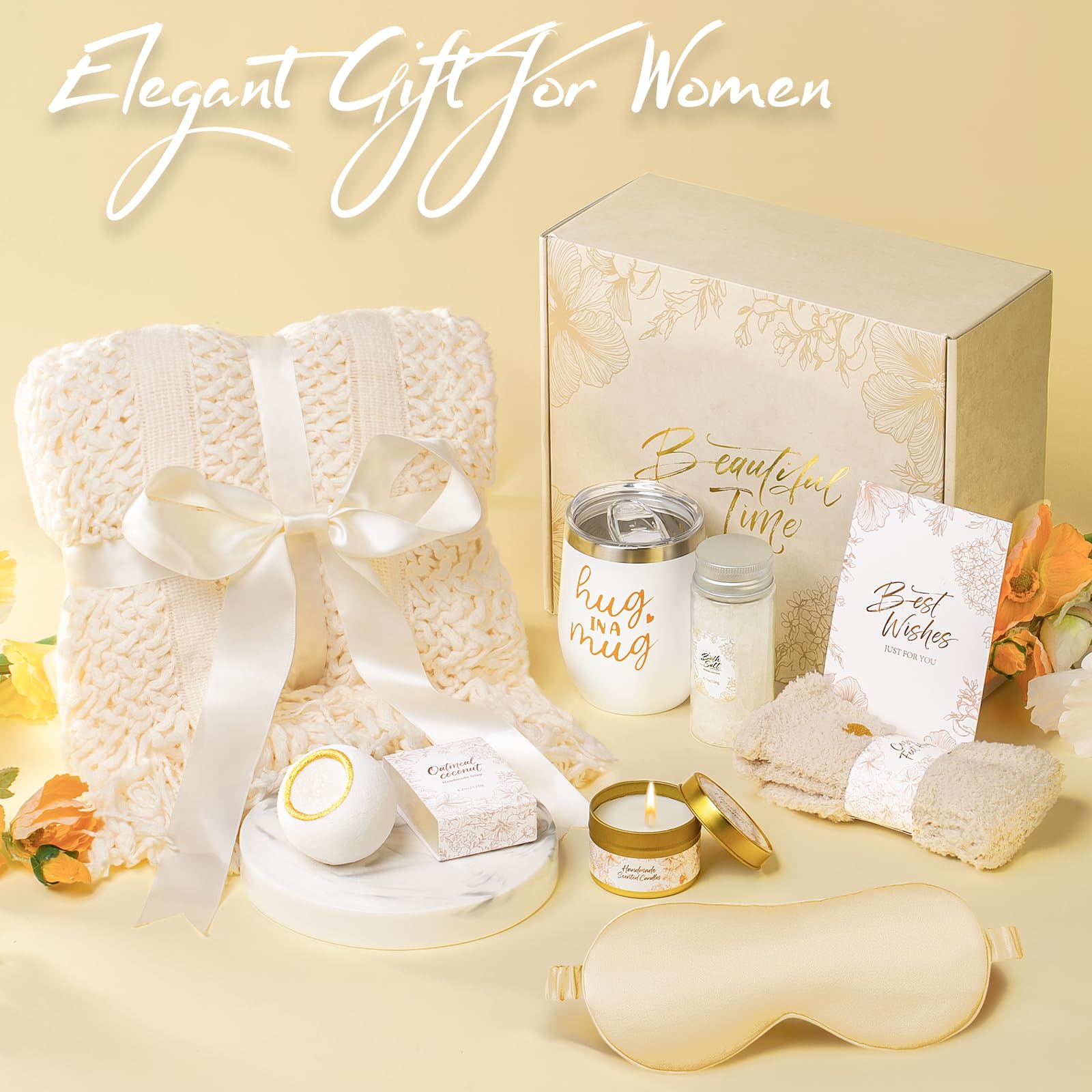 Mothers Day Gifts for Mom Women, Self Care Gift Basket with Knitted Fringe Throw Blanket - Get Well Soon Birthday Care Package for Wife Grandma Her Friend Sister