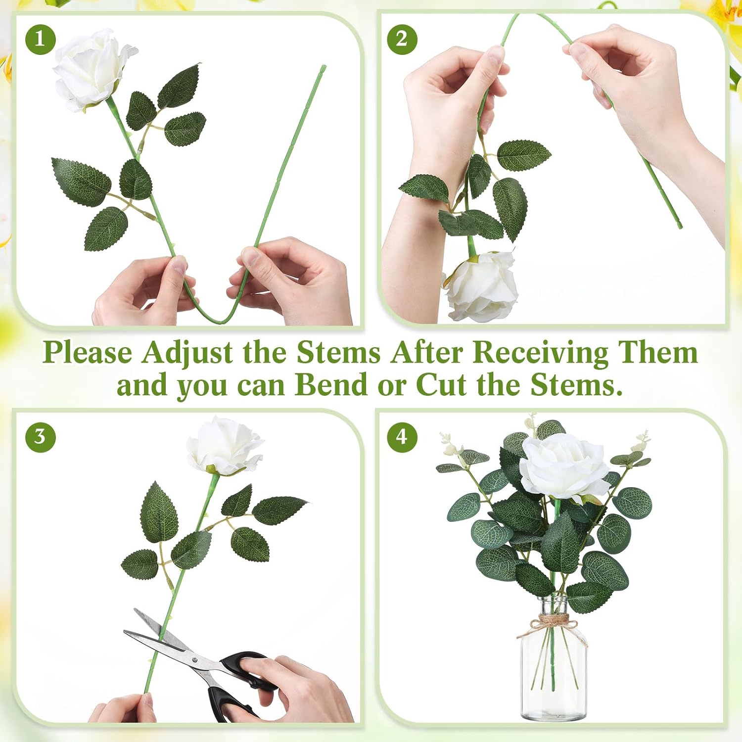 10 Set Vases Glass Centerpiece for Table 10 Small Clear Glass Vases 10 Artificial Roses 30 Leaves with Rope Flower Centerpieces for Wedding Arrangement Party Home Decoration(White) - Image 2