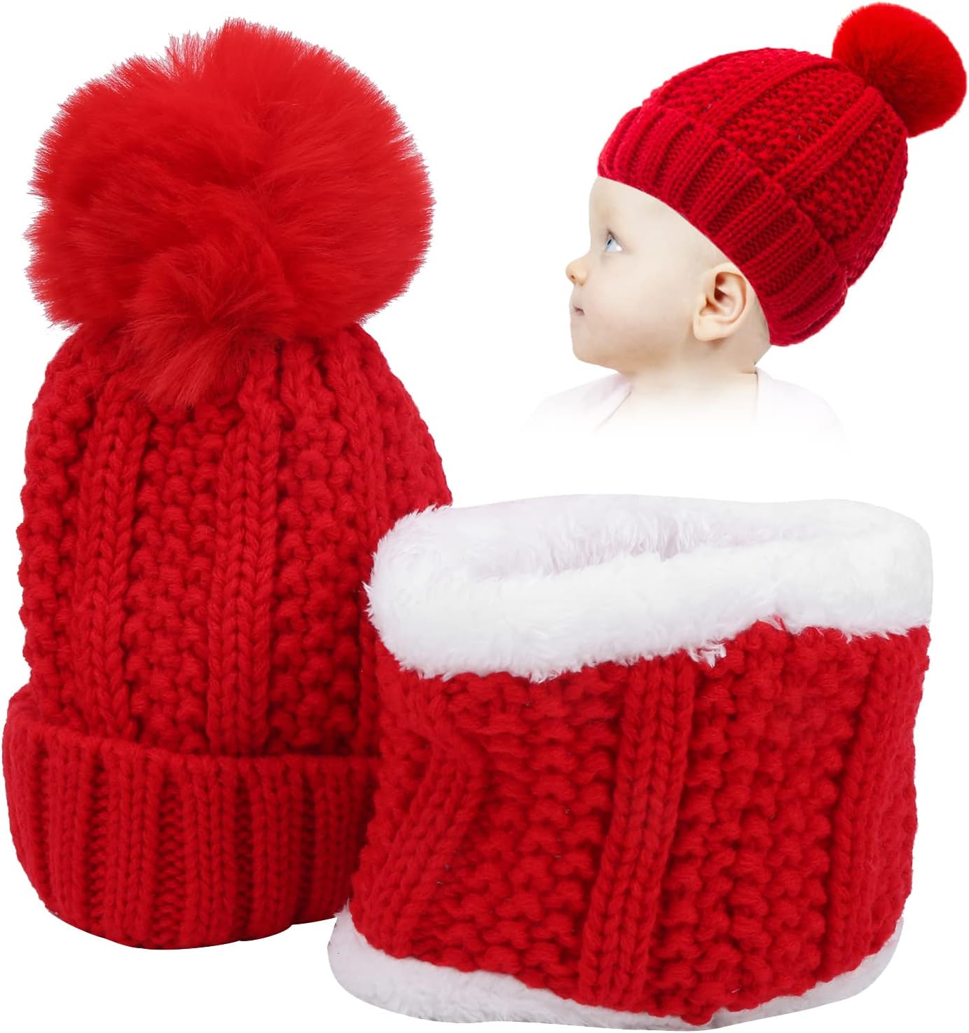 Baby Knit Hat Scarf Set, Fluffy Pompom Baby Beanie Hat for Boys Girls, Winter Wool Fleece Lined Beanies Snow Caps Neck Warmer