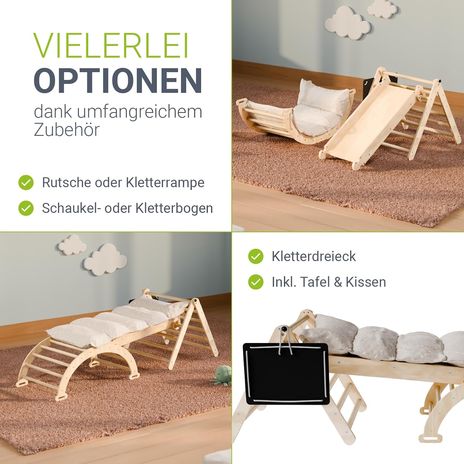 Various configurations of the Juskys Movario climbing set, showing the triangle, arch, and slide combined in different ways.