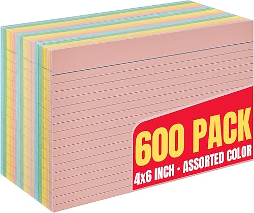 1InTheOffice Fichas de índice de 4 x 6 con rayas, color pastel, surtido de 600 unidades