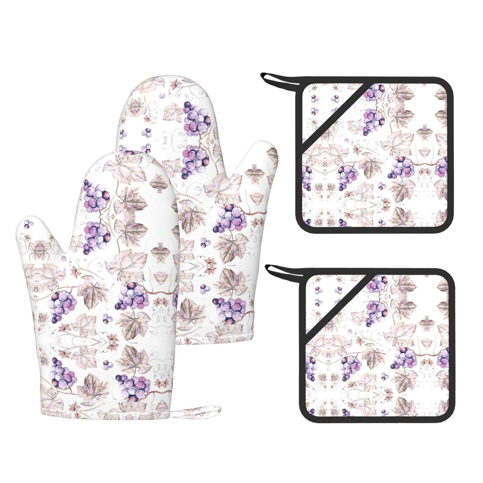 Beautiful grape leaves Printed Cooking Mitts and Pot Holders 4 Pcs, Heat Resistant Oven Gloves with Hanging Loop Chef