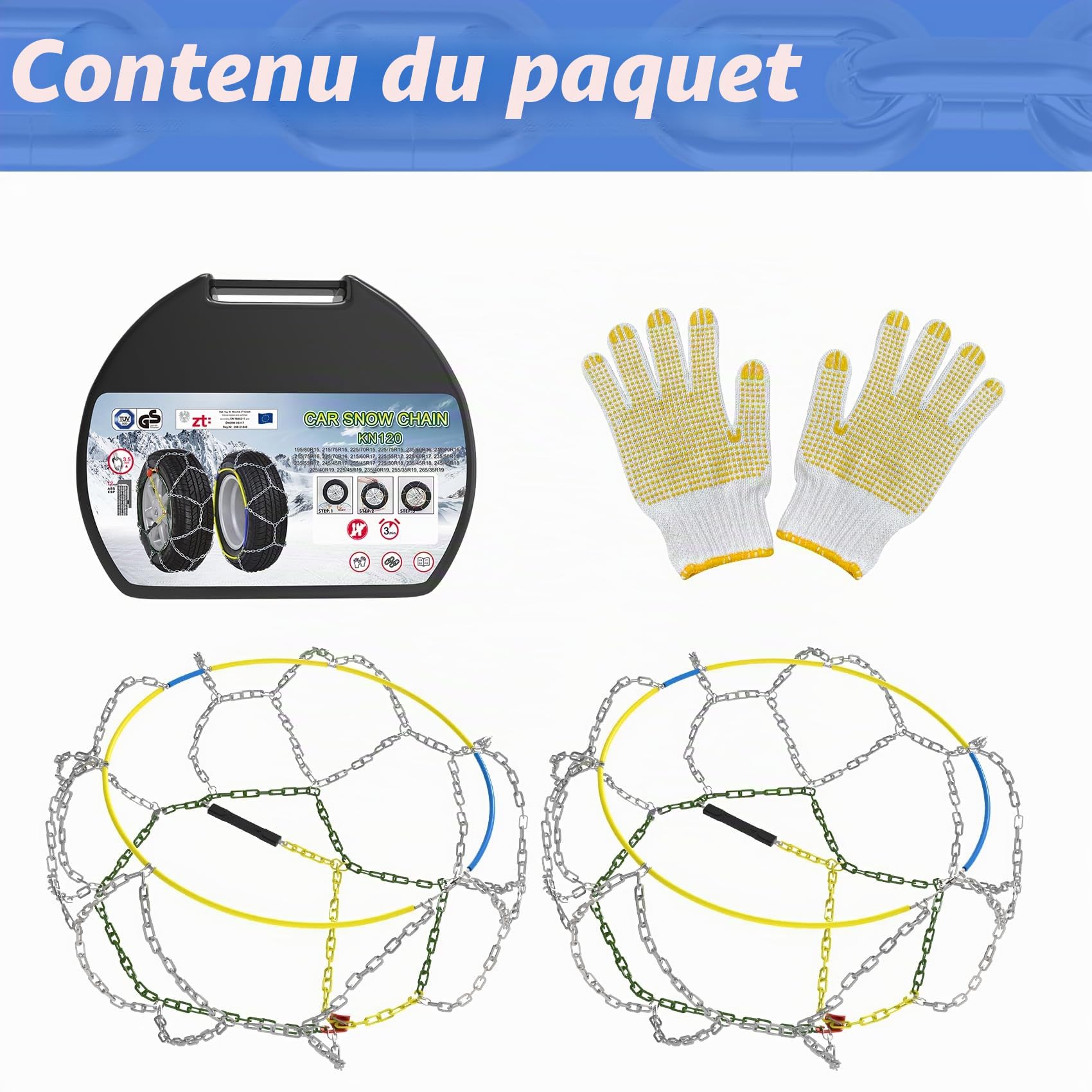 Chaînes Neige antidérapantes Pour Voiture en Acier Allié de 12 mm, Chaînes Neige Durables pour Voiture Avec Tendeur Automatique (taille 120)