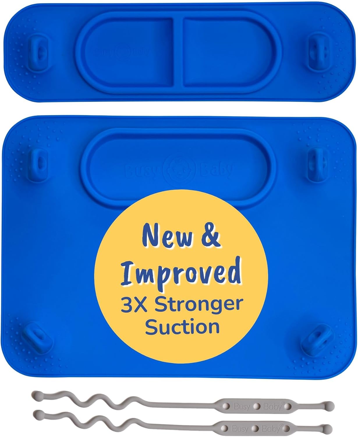 BUSY BABY Silicone Mat Bundle - 1 Original Mat Plus 1 Mini Mat, New Stronger Suction Cups, 6 Straps to Secure Baby Essentials and Keep Them Off The Floor, Baby Led Weaning, Wet Bag Included (Blue)