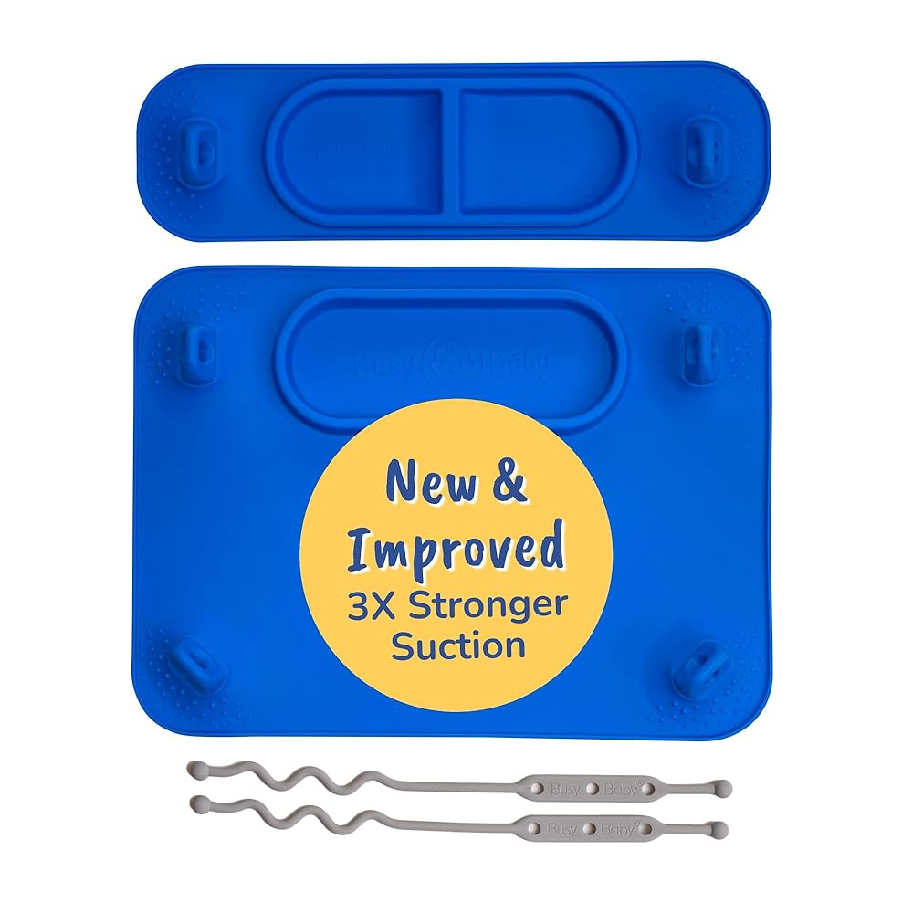 BUSY BABY Silicone Mat Bundle - 1 Original Mat Plus 1 Mini Mat, New Stronger Suction Cups, 6 Straps to Secure Baby Essentials and Keep Them Off The Floor, Baby Led Weaning, Wet Bag Included (Blue)