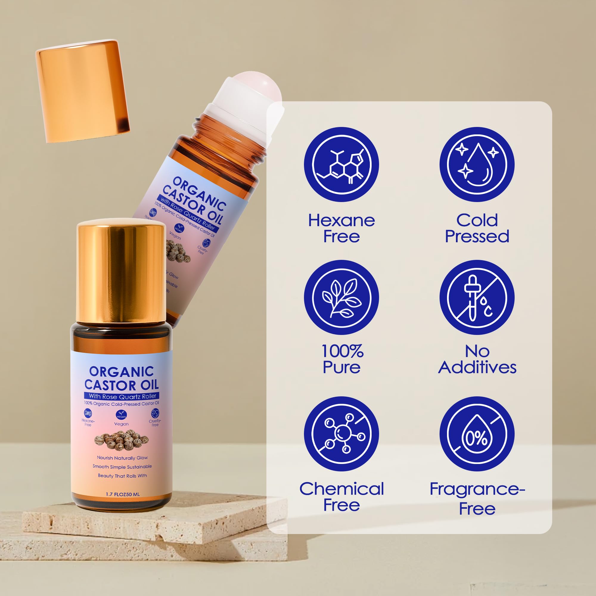 Olio di ricino biologico con rullo al quarzo rosa, 100% puro pressato a freddo e non raffinato, per la crescita di capelli, ciglia, sopracciglia e pelle (1)