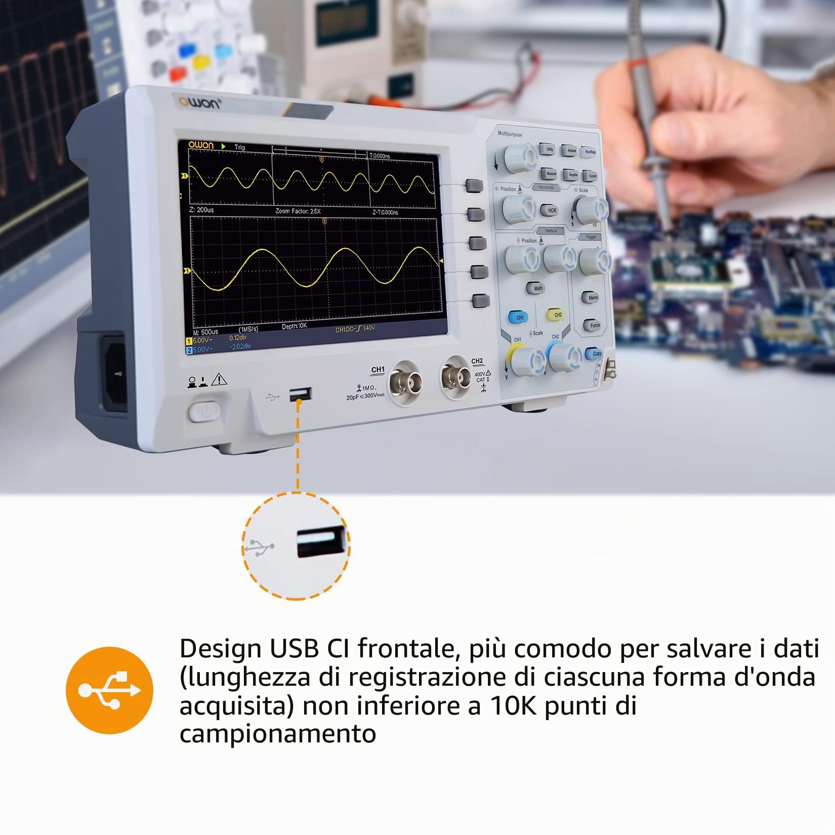 OWON SDS1102 Oscilloscopio digitale con 2 canali, frequenza di campionamento 1GS/s, LCD ad alta risoluzione da 7 pollici, larghezza di banda 100MHZ, kit oscilloscopio professionale portatile