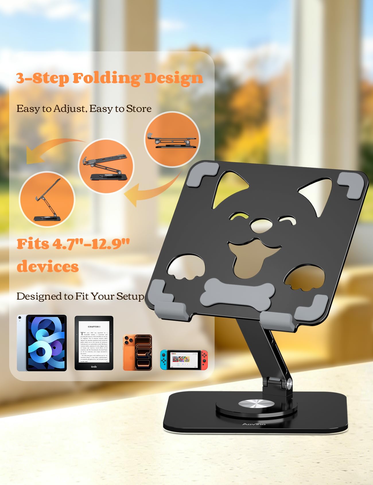 Aoviho Supporto per tablet per iPad con base girevole a 360° - Supporto per tablet regolabile in alluminio per scrivania, supporto per iPad Pro/Air/Mini, Samsung Galaxy, Kindle, dispositivi da 4