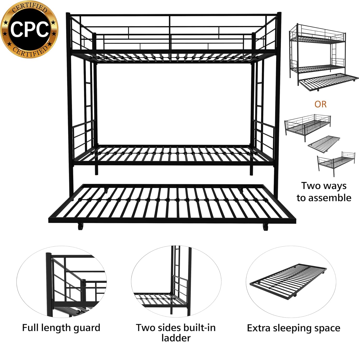 Twin Over Twin Bunk Bed Frame with Trundle, Metal Bunk Bed Frame with Sturdy Guard Rail and 2 Ladders for Kids, Adults, No Box Spring Needed, Space Saving Design, Black