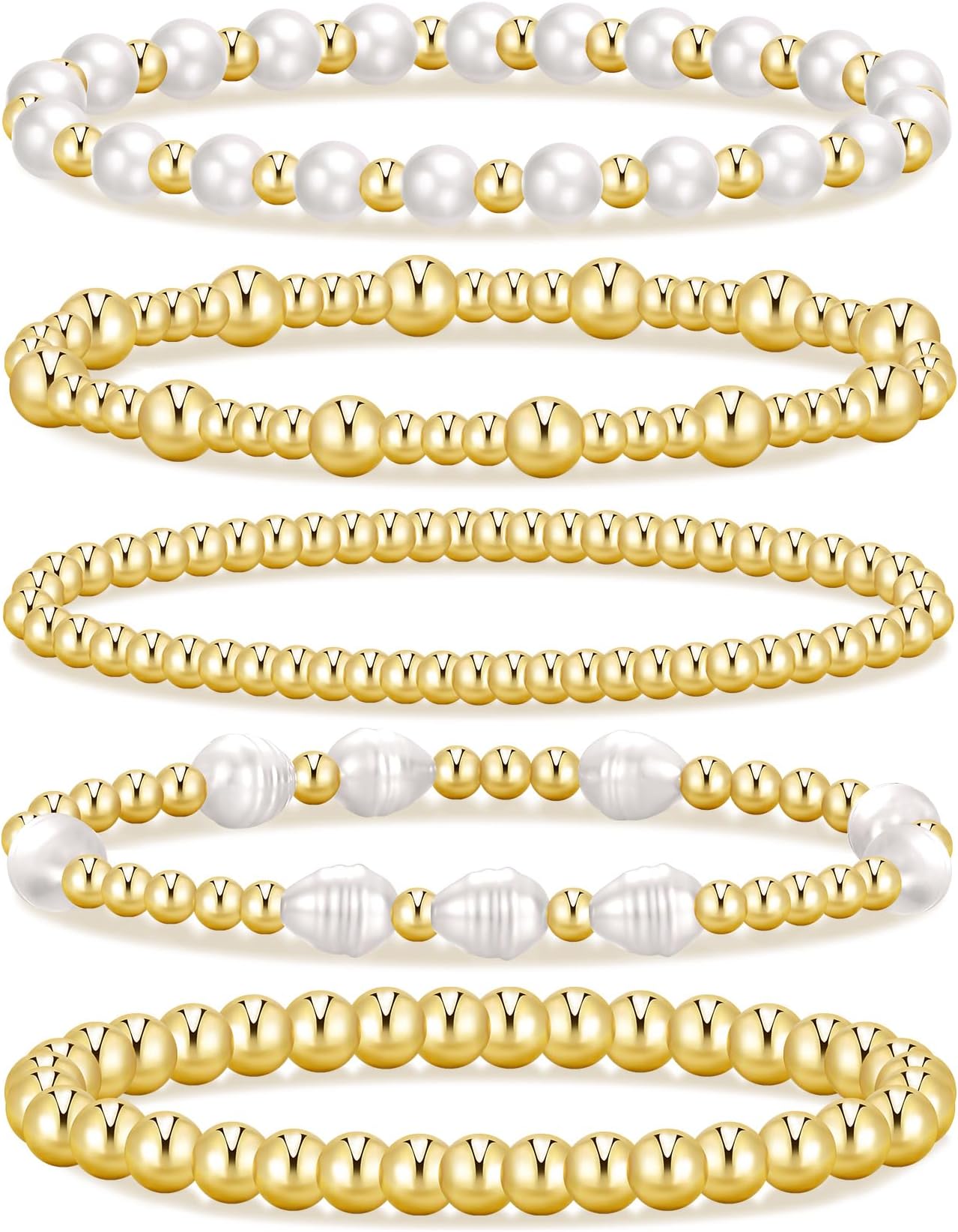 Gold Beaded Bracelets for Women, 14K Real Gold Plated Jewelry for Women Dainty Pearl Bead Bracelets Stack, Non Tarnish Trendy Stackable Ball Cross Stretch Bracelet Set Fashion Accessories Gifts