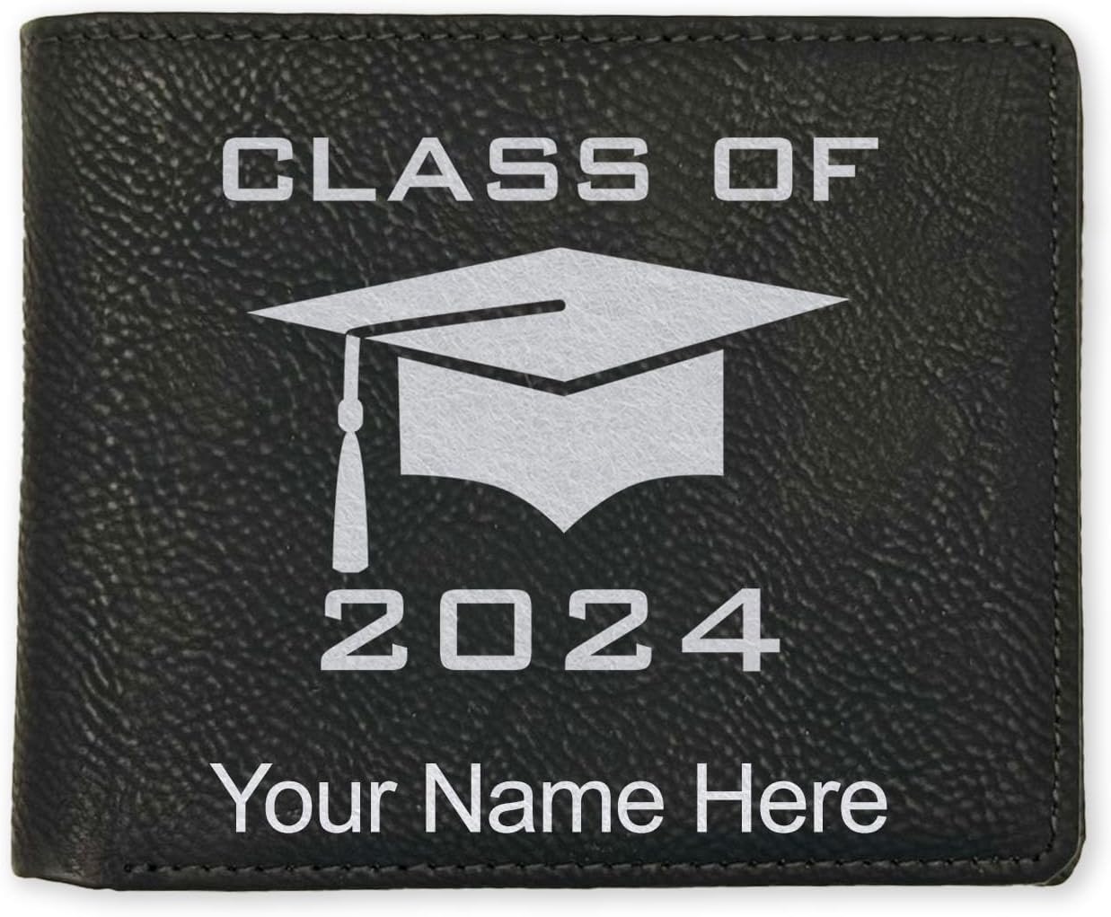 LaserGram Faux Leather Bi-Fold Wallet, Grad Cap Class of 2024, 2025, 2026, 2027, Personalized Engraving Included (Rustic with Gold)