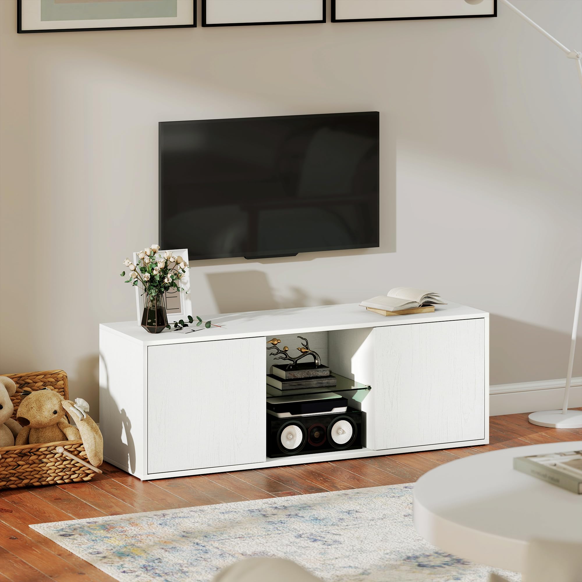 HOMCOM Mobile Porta TV fino a 55" 120 cm Soft Close Bianco Effetto Legno | Mobiletto TV Sospeso o a Terra, Foro Passacavi, Ripiano in Vetro, per Soggiorno e Salotto