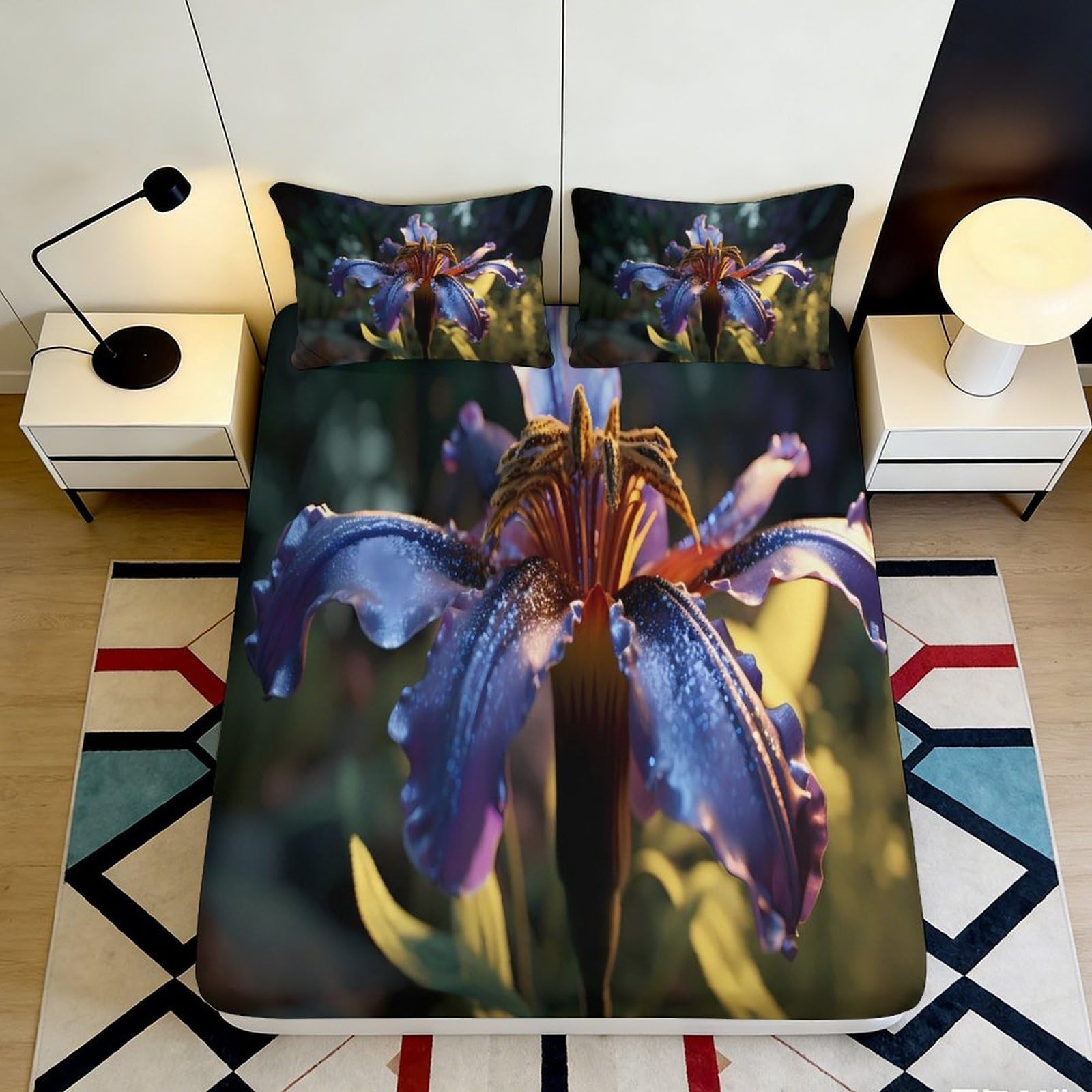 3D Printed Purple Iris Flower Fitted Sheet Microfiber Artistic Dew Drop Mattress Cover Bedroom Decor Machine Washable Non-slip 200x200x25cm