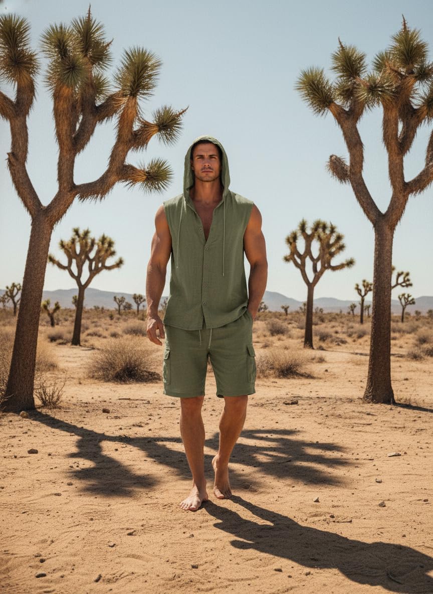 Men's 2 Piece Linen Set Sleeveless Hooded Shirt and Shorts Summer Beach Outfits Yoga Suits