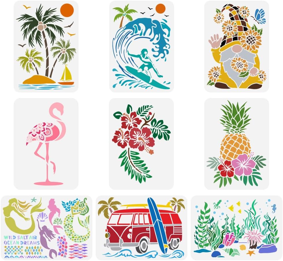 FINGERINSPIRE 9 pcs Summer Animal Plant Painting Stencil 21x29.7cm Reusable Flamingo Palm Tree Surf Gnome Hibiscus Pineapple Mermaid Drawing Template for Painting on Wood Wall Fabric Furniture