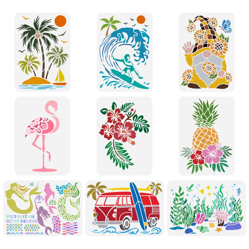 FINGERINSPIRE9 pcs Summer Animal Plant Painting Stencil 21x29.7cm Reusable Flamingo Palm Tree Surf Gnome Hibiscus Pineapple Mermaid Drawing Template for Painting on Wood Wall Fabric Furniture