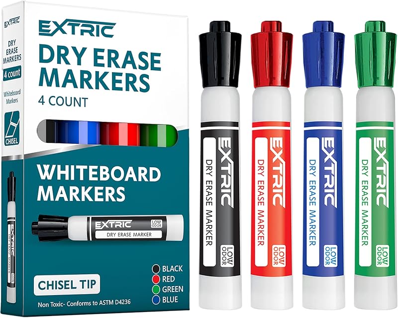 Dry Erase Markers 4 Whiteboard Markers Chisel Tip Bulk, Teachers | Use- White boards, Glass and Calendars, Tip Style- Chisel tip, Quantity- 4 Pack, Feature- Low-Odor and Non-Toxic Ink