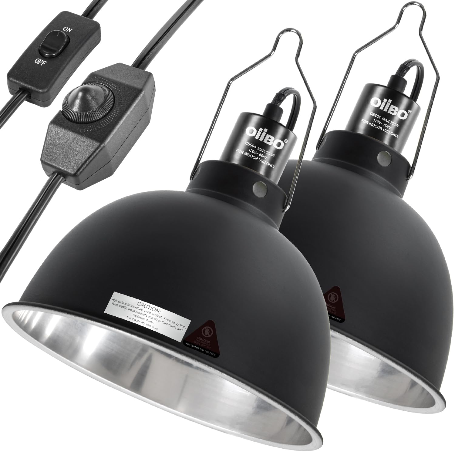 Oiibo 8.5 Inch Reptile Light Fixture with Dimming/Separate Switches, 2 Packs Deep Dome Lamp Cap Reflector Cover, UVB Light Heat Lamp Fixture for Reptile Glass Terrariums, Max 150W Black