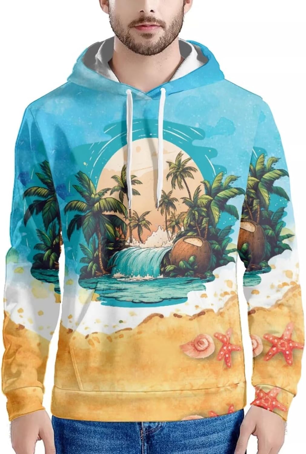 Forchrinse Green Palm Tree Sea Beach Mens Hoodies Pullover Long Sleeve Fleece Hoodie Cozy Sport Casual Outwear