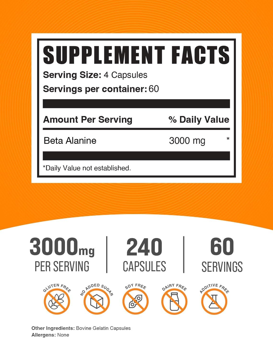 BulkSupplements.com Beta Alanine Capsules - Beta Alanine Supplement, Pre-Workout Supplement - Gluten Free, 4 Capsules per Serving, (3000mg), 240 Count (Pack of 1)