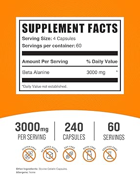 Beta Alanine Capsules - Beta Alanine Supplement, Pre-Workout Supplement - Gluten Free, 4 Capsules per Serving, (3000mg), 240 Count (Pack of 1)