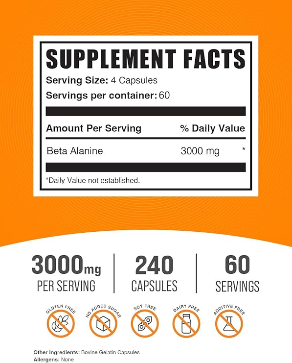 Beta Alanine Capsules - Beta Alanine Supplement, Pre-Workout Supplement - Gluten Free, 4 Capsules per Serving, (3000mg), 240 Count (Pack of 1)