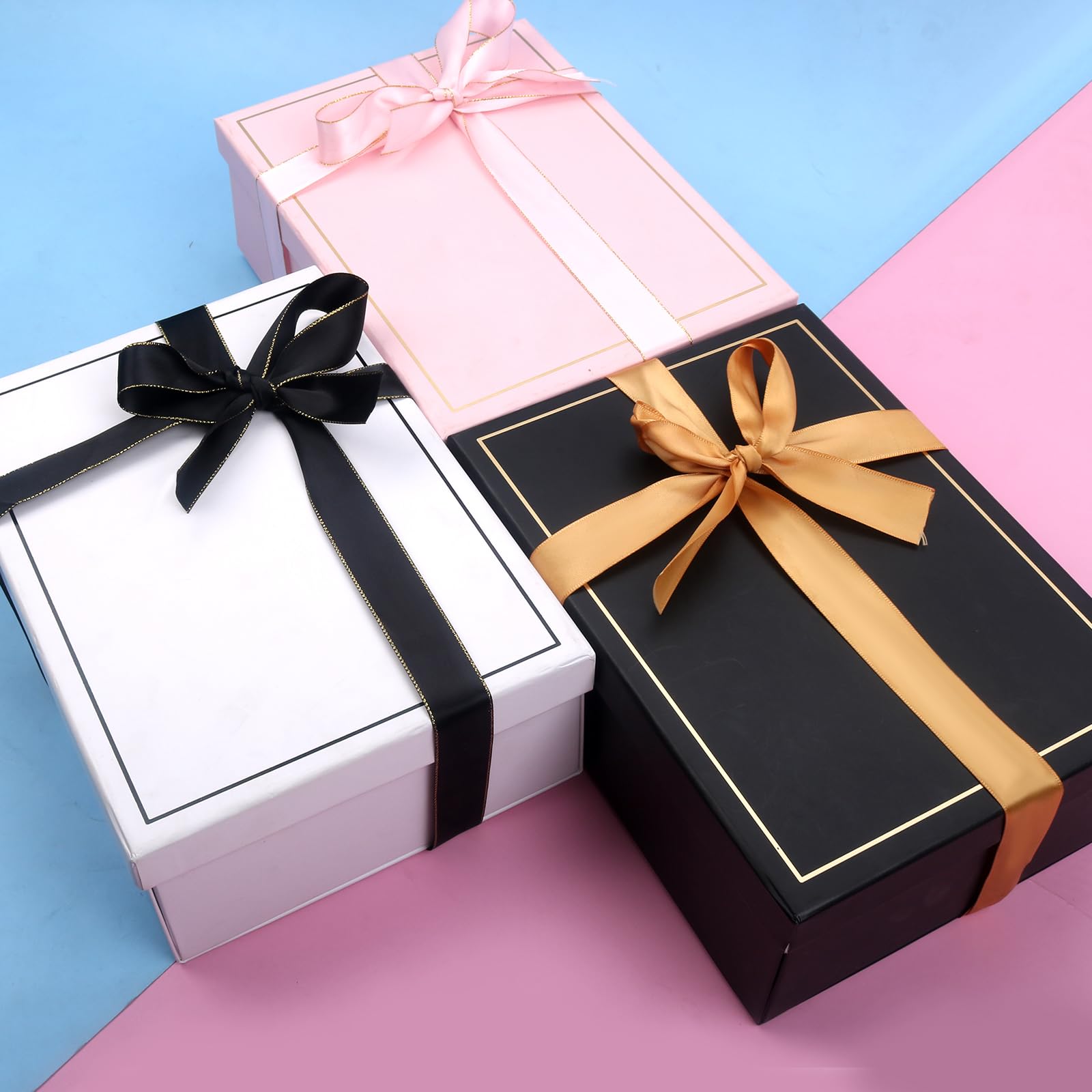 Caja De Regalo Negra Con Tapa 22.5x16x8.5 Cm - Cartón Reciclado Impermeable, Incluye Lazo, Montaje Plegable, Para Bodas, Cumpleaños O Navidad