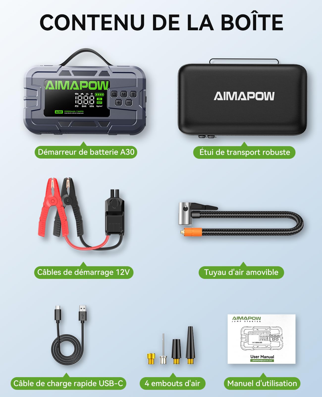 AIMAPOW Booster Batterie Voiture 12V 9000A avec Compresseur 160 PSI, Démarreur Portable 2-en-1 pour Essence et Diesel Jusqu’à 12L, Gonfleur Pneus Auto-Stop, Écran LCD, Pinces Intelligentes, LED 600LM