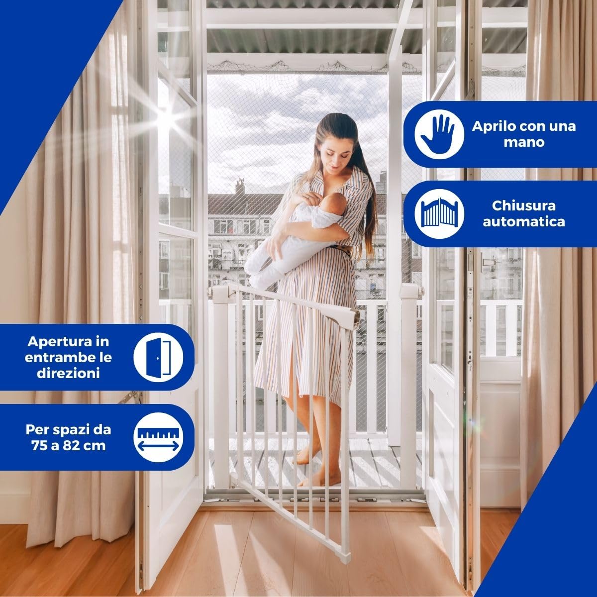 Mobiclinic® kids, Cancelletto di sicurezza per bambini e animali domestici, Raily, Chiusura automatica, Doppia apertura, Larghezza da 75 a 82 cm, Montaggio pressione senza fori, Scale porte