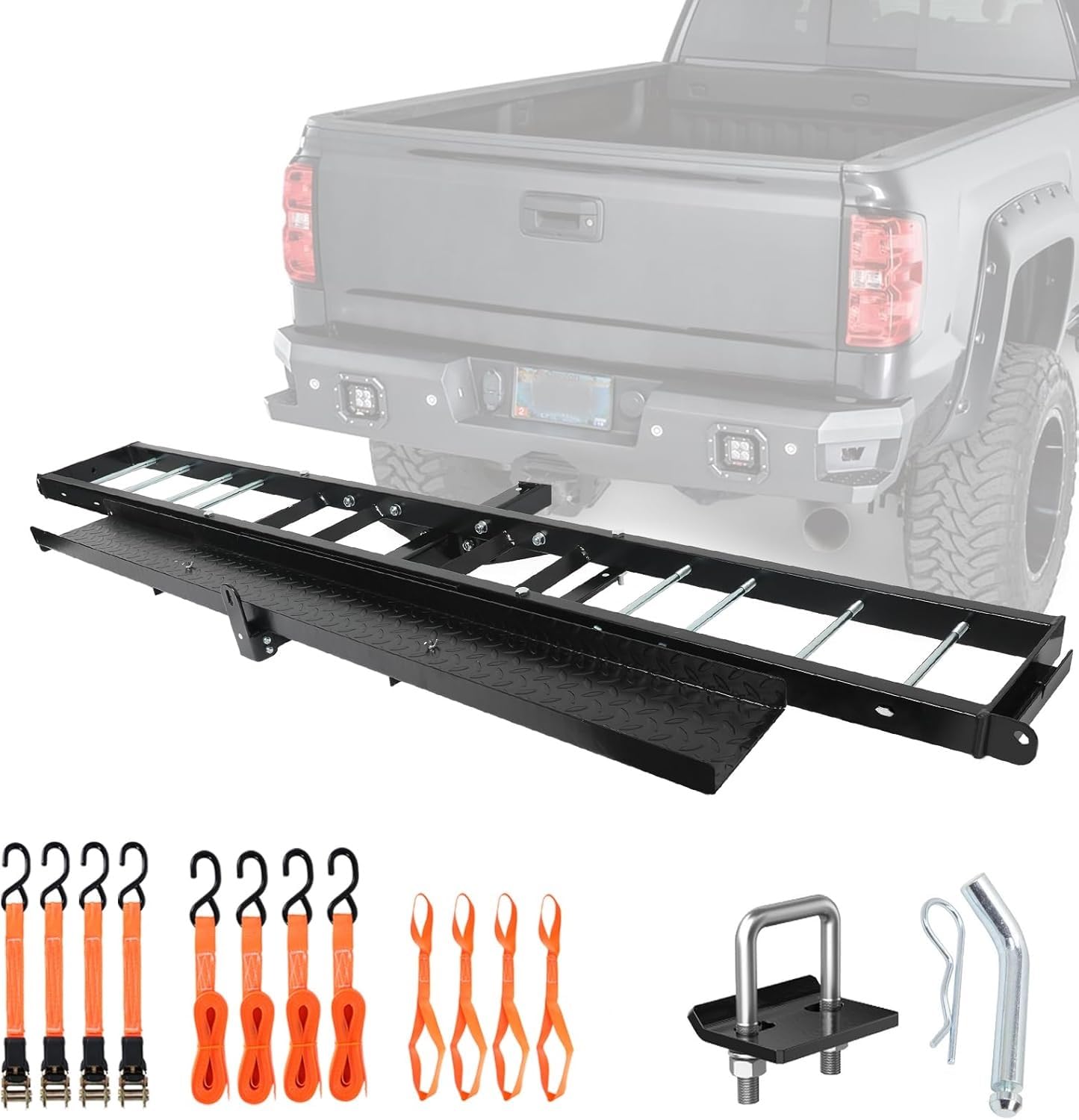 OUTPRIZE Motorcycle Hitch Carrier - 500 Lb Capacity, 47" Ramp With Lock, For 2" Receiver, Fits 5" Wide Tires, Includes Straps