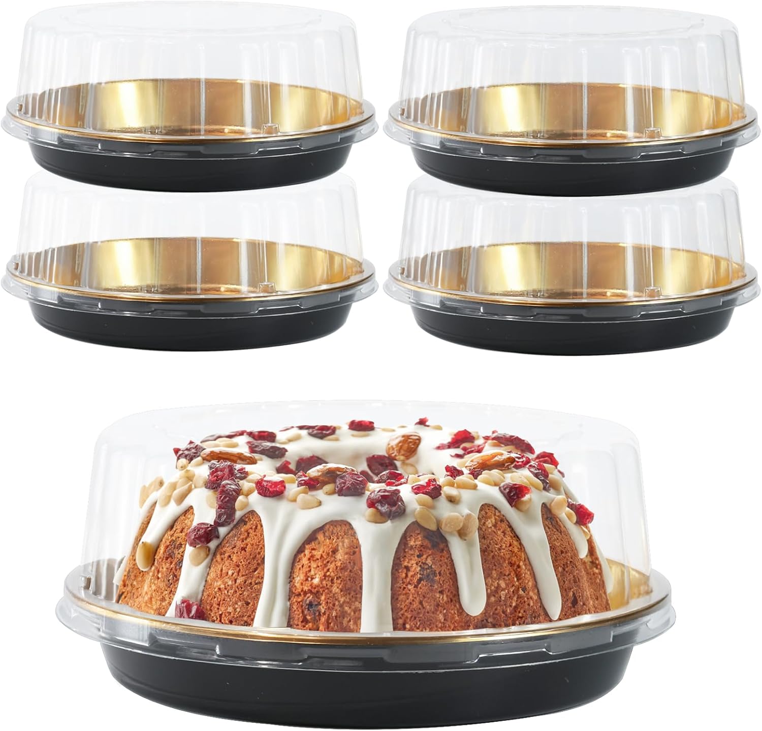 5pcs Round Cake Pies Carriers 11 Inch Plastic Disposable Cake Containers with Dome Lids Clear Bundt Cake Boxes Sandwich Trays