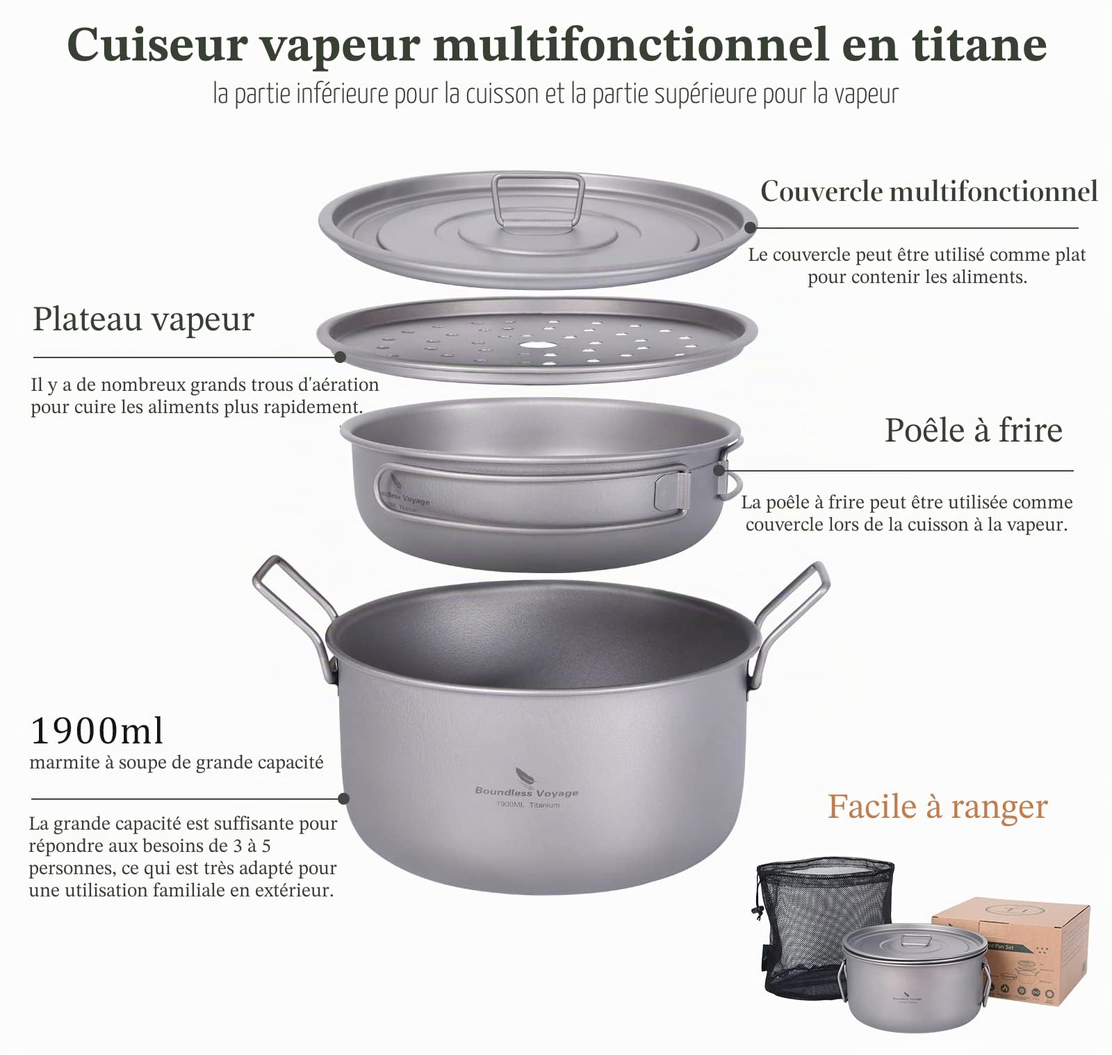 iBasingo Pot à soupe à vapeur en titane Poêle à frire avec couvercle Batterie de cuisine de camping 1900 ml et 900 ml Casserole de plateau de thé de wok d'intérieur extérieur Trousse de mess légère