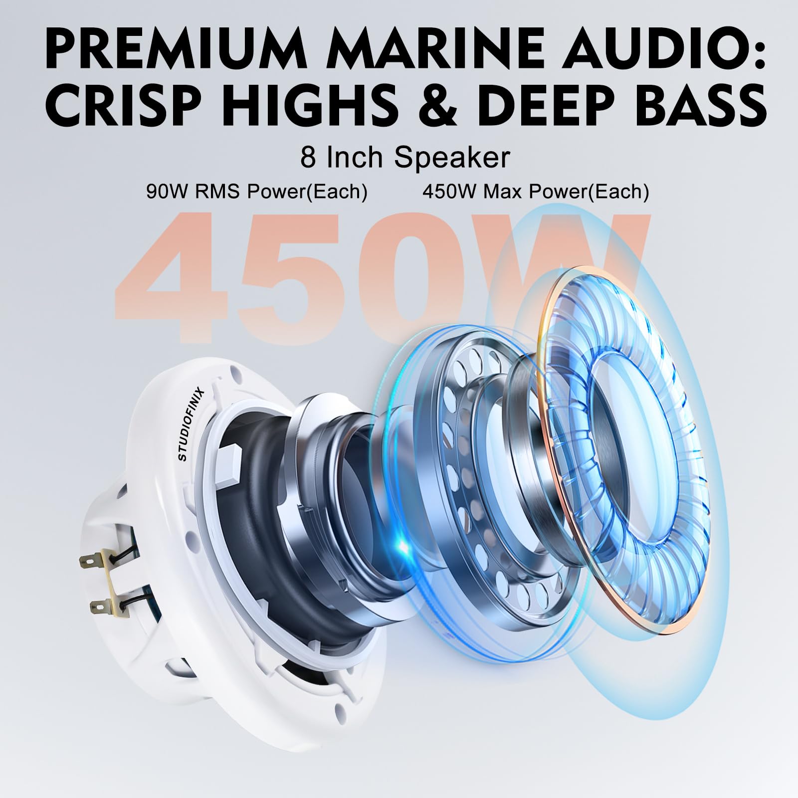 STUDIOFINIX Enceintes Marines 8 Pouces 900 W avec éclairage LED - Enceintes 2 Voies résistantes aux intempéries, idéales pour Les Bateaux, Les quads et Les UTV (Paire, Blanc)