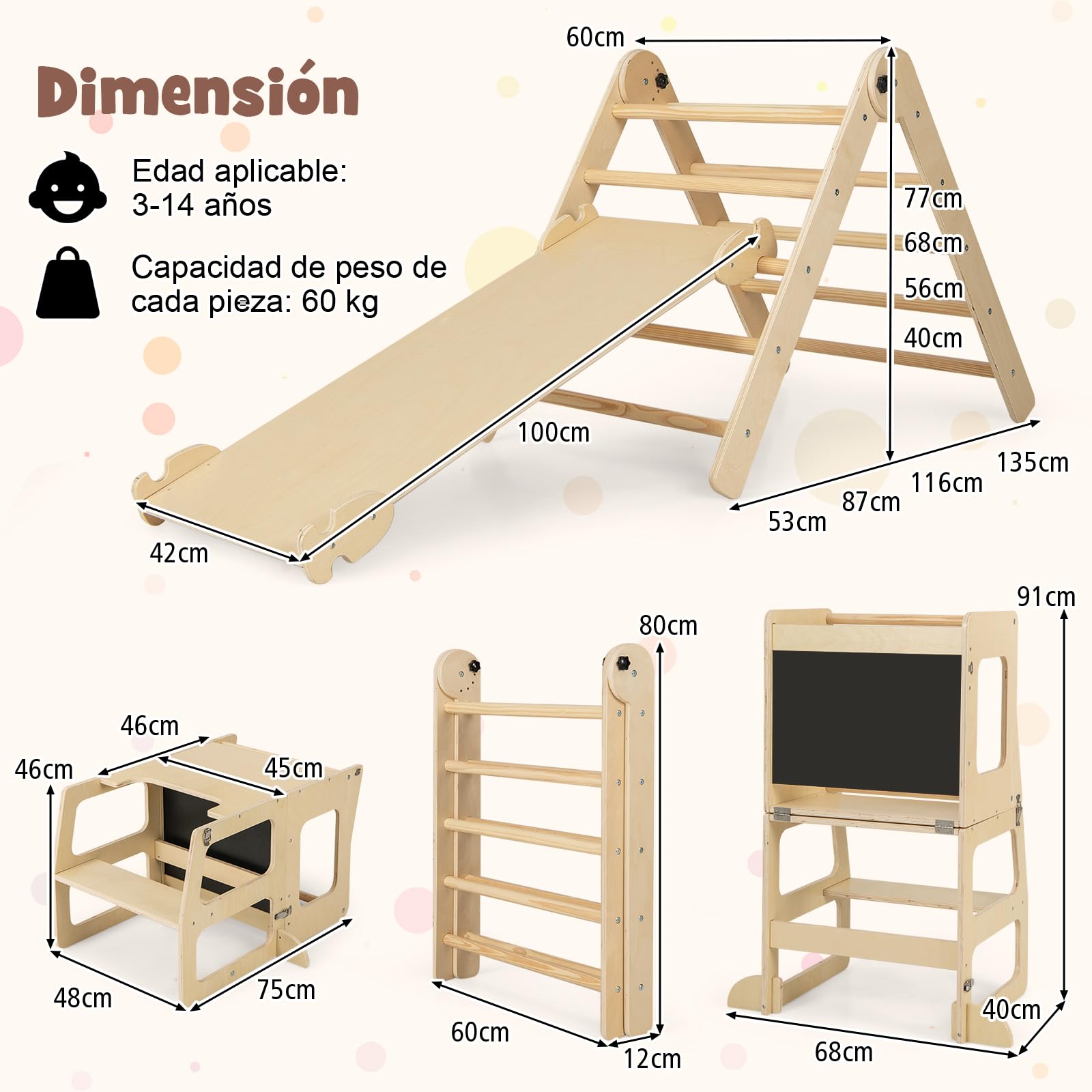 GOPLUS 7 en 1 Triángulo de Escalada Montessori para Niños de 3-14 Años+, Juego de Escalada Plegable con Rampa de Doble Cara, Torre de Apendizaje y Pizarra, Ayudante para Cocina, Mesa y Silla