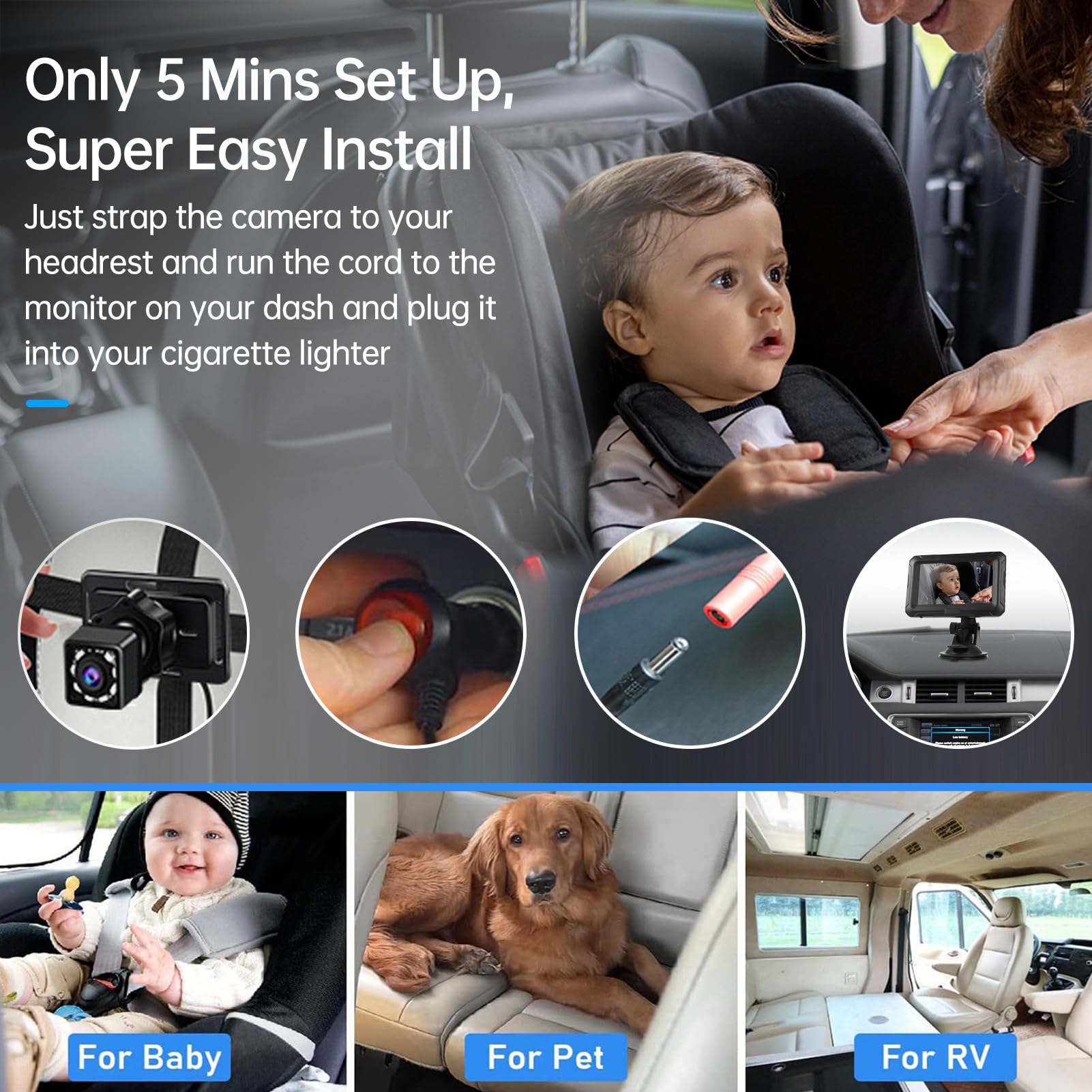 Cámara para Coche de Bebé, Espejo para Coche de Bebé 1080P de 4, 3 Pulgadas con Visión Nocturna, Rotación de 360°, Monitor de Bebé con Ángulo de Visión de 150° para Bebés, Niños (con cable USB)
