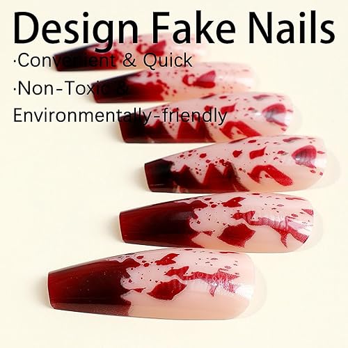 Miniatura 3 de Uñas postizas a presión para Halloween, uñas postizas extralargas, color rosa ataúd con diseño de gota roja sangre, uñas adhesivas, uñas postizas